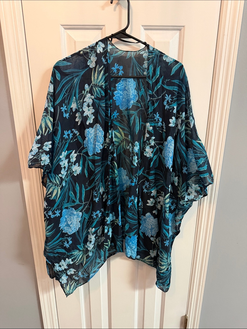 Old Navy Black Sheer Floral Kimono with Blue and Teal Print